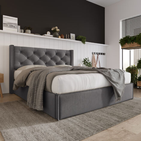 Lit hydraulique double 160x200 cm avec sommier à lattes et rangement intégré, cadre en métal, tissu coton gris (1/5)