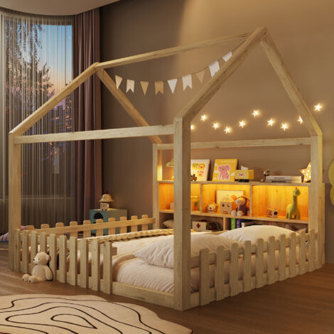 Lit cabane enfant 140x190 cm naturel, LED, barreaux sécurité, rangements ouverts, maison, pin, sans matelas, style minimaliste, pin naturel