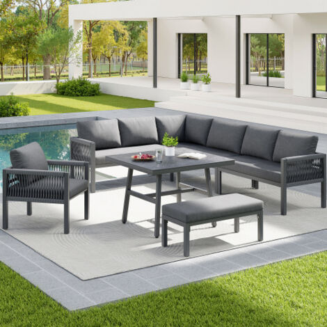 Canapé de jardin 8 personnes avec coussins inclus, format angle, assise confortable, salon confortable, en fer galvanisé, gris (1/5)