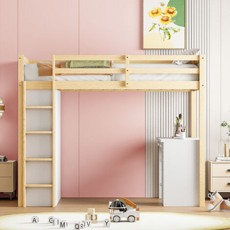 Lit Élevé en Bois Massif 90x200cm - Avec Bureau & Armoire Personnalisables - Blanc/Gris (1/5)