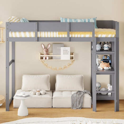 Lit Mezzanine 90x200 cm en Pin Massif avec Étagère Intégrée - Barrières de Sécurité -Gris (1/5)