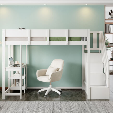 Lit Mezzanine 90x200 cm en Pin Massif avec Escalier de Rangement - Bureau Intégré - Barrières de Sécurité - Blanc (1/5)