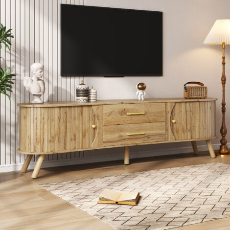 Meuble TV cannelé avec 2 portes coulissantes, 2 tiroirs et pieds en bois massif, style scandinave, bois foncé (1/5)