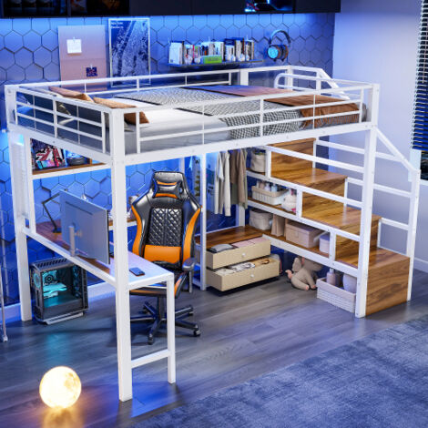 Lit superposé 140x200 cm avec 2 tiroirs, LED, bureau intégré et escalier de rangement, métal, noir