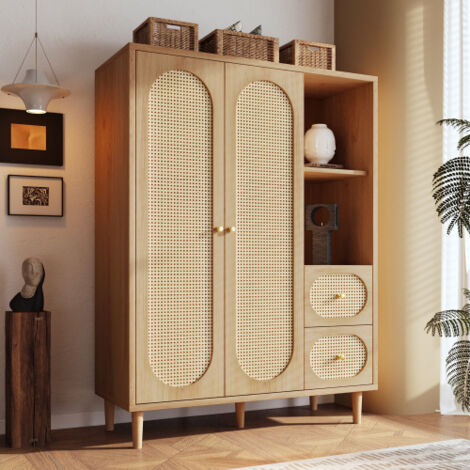 Armoire penderie style campagne 161x120x44 cm, 2 portes, 2 tiroirs, étagères ouvertes et tringle, décor chêne