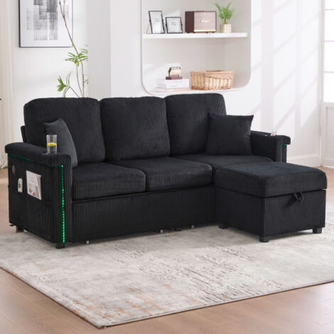 Canapé d’angle convertible 3 places avec LED, USB-C, repose-pieds de rangement, porte-gobelets et poches, velours noir