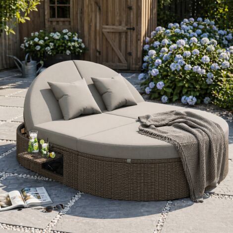 Bain de soleil double rond avec dossiers inclinables, coffre de rangement et coussins, pour terrasse et jardin, beige (1/5)