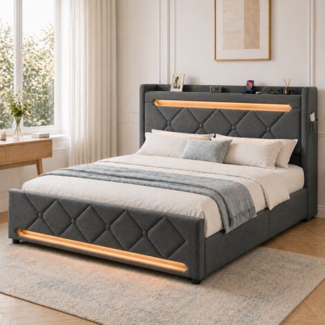 Lit coffre 160x200 - lit double avec rangement 3 niveaux, LED 360°, 3 USB + USB-C, tissu lin - gris