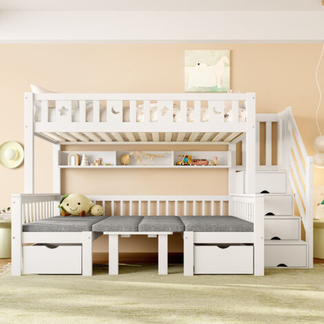 Lit superposé 90x200cm - 2-in-1 lit et bureau - Échelle de rangement - Blanc (1/5)