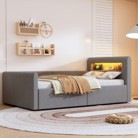 Lit Enfant 90x200cm - Avec LED Nuit et Port USB - Rangement Hydraulique Caché - Dossier Latéral Réversible - Velours Doux - Capacité 200kg - gris (1/5)