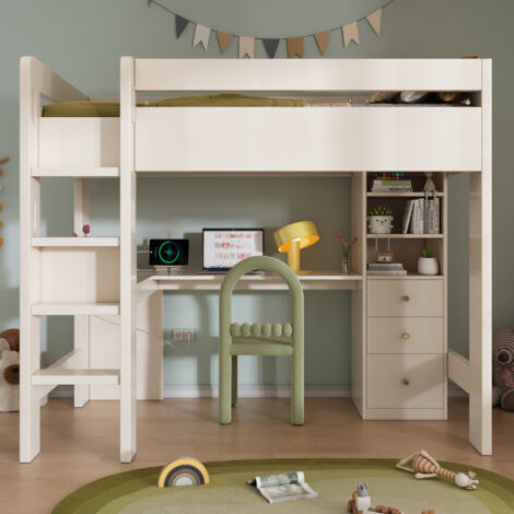 Lit surélevé moderne 90x200 cm - avec bureau L et rangements - 3 étagères 3 tiroirs - chargeur USB/Type-C - blanc (1/5)