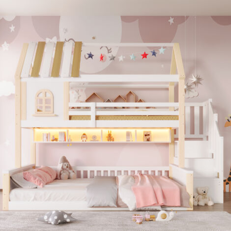 Lit superposé 90x200 cm + 140x200 cm - Design maison avec fenêtre et étagères de rangement - Structure en bois de pin + MDF - Avec bande LED - Blanc + Naturel (1/5)