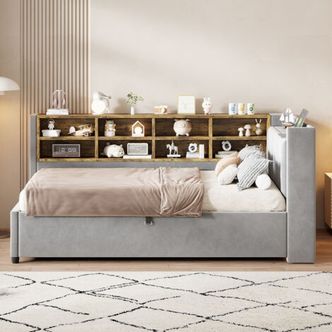 Canapé Lit 90x200cm - Avec USB et Type-C - Veilleuse Intégrée - Rangement Hydraulique Caché - Casiers Latéraux de Rangement- Capacité 150kg - gris (1/5)