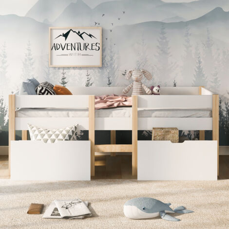 Lit mi-hauteur pour enfant 90x200 cm - en bois massif - avec rangement sous le lit - peinture blanche - sécurisé avec barrières- blanc