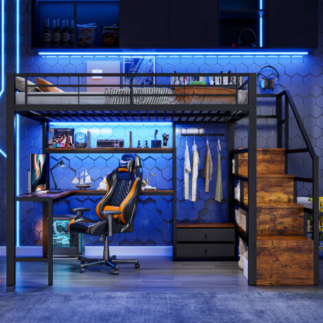 Lit superposé 90x200cm avec bureau intégré - Design moderne - Structure métallique robuste - Étagères de rangement - Barre de sécurité - noir (1/5)