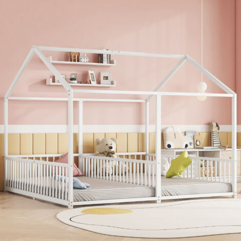 Lit superposé pour enfants 90x200 cm - Lit à deux niveaux avec échelle - Modèle de maison avec garde-corps - Sans matelas - Blanc (1/5)