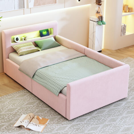 Lit Enfant 90x200cm - Avec LED et Port USB - Rangement Hydraulique Caché - Dossier Latéral Réversible - Velours Doux - Structure Solide 200kg - Beige (1/5)