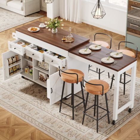 Îlot de cuisine extensible 131,5-210 cm avec table haute rangement 3 tiroirs 2 placards blanc bois