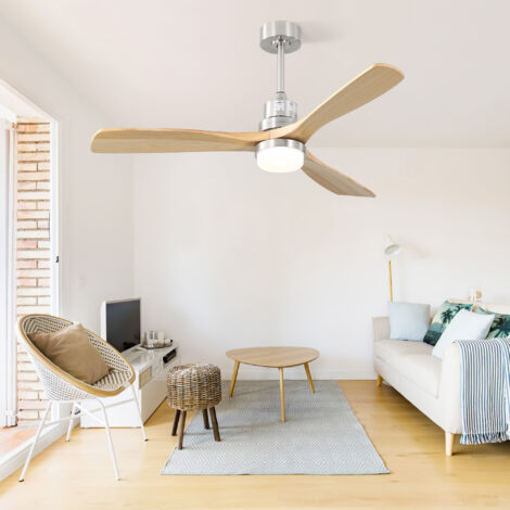 Ventilateur de plafond naturel 132 cm avec LED dimmable, moteur DC réversible, 6 vitesses, 3 pales en bois, télécommande, idéal chambre (1/5)