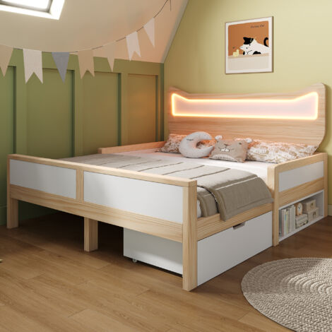 Lit double enfant 140x200 cm blanc et chêne avec LED RGB, tiroir, rangement et tête de lit oreilles décoratives, lit moderne pour chambre