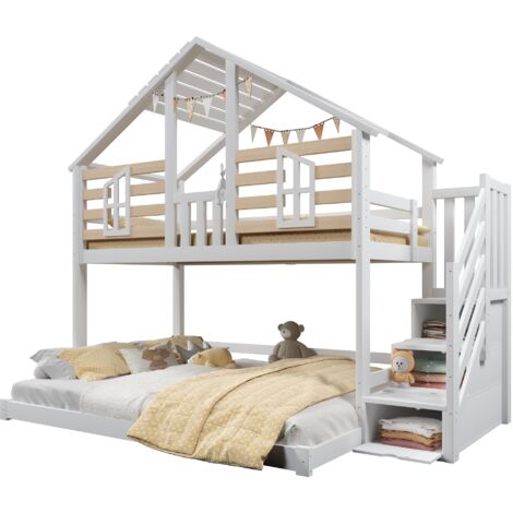Lit superposé maison 90x200 + 140x200 avec fenêtre et échelle de rangement, lit enfant avec couchages tailles différentes, bois, blanc et naturel (1/5)