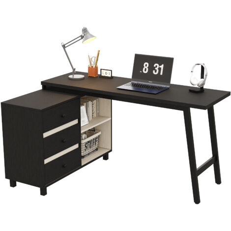 Bureau d’angle en l 150x100x76 cm avec 3 tiroirs 2 étagères ouvertes, plateau spacieux pieds en acier robustes, meuble bureau, noir (1/5)