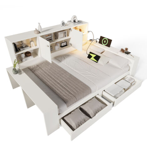 Lit coffre 140x200 cm avec tiroirs portes double ports usb, daybed rangement gain de place pour chambre ado adulte, structure bois blanc (1/5)