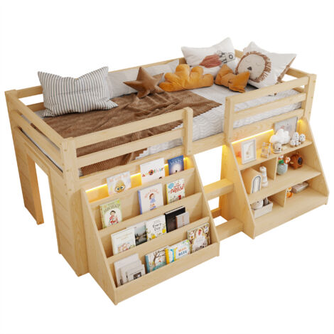 Lit enfant 90x200 avec étagères multiples, lit mi-hauteur avec éclairage led, garde-corps et échelle, rangements intégrés, bois de pin, naturel