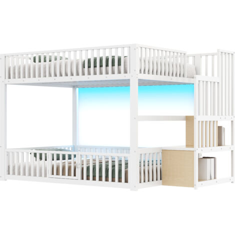 Lit superposé 140x200 avec échelle de rangement, éclairage led intégré, structure gain de place pour chambre enfant, panneau bois, blanc (1/5)