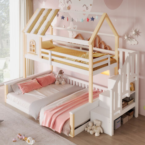 Lit superposé maison 90x200 + 140x200 cm blanc et naturel avec LED, fenêtres, niches ouvertes, échelle de rangement et sommiers sans matelas (1/5)