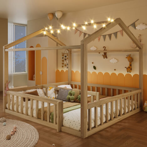 Lit enfant jumeau 2x90x190 ou 180x190 cm, LED intégrées, barreaux, tête de lit maison, style minimaliste, pin, naturel