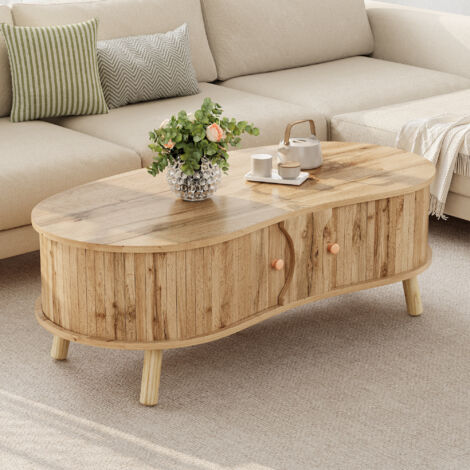 Table basse aspect bois naturel foncé – Effet cannelé, 2 portes coulissantes, pieds bois massif, 108x50x37 cm