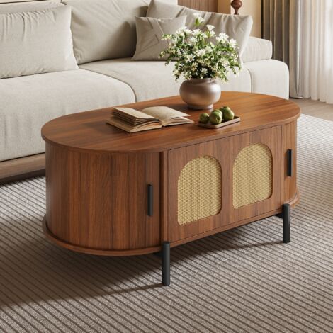 Table basse ovale noyer en rotin – Portes coulissantes, aspect bois, pieds métalliques, 100x50x40 cm (1/5)