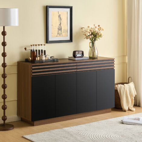 Buffet vintage noir 150x40x85 cm – 2 tiroirs, 4 portes, motif bois, grand rangement pour salon cuisine (1/5)