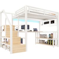 Lit mezzanine 140 x 200 cm avec led et bureau intégré, lit adulte avec escalier de rangement, étagère et grille suspendue, ports usb et type-c, blanc
