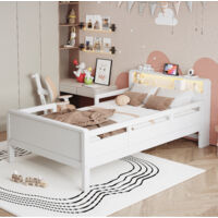 Lit Enfant 90x200 cm en Pin Massif - Tête de Lit avec Rangement et Prises USB/Type-C + LED - Barrières de Sécurité - Blanc