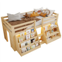 Lit enfant 90x200 avec étagères multiples, lit mi-hauteur avec éclairage led, garde-corps et échelle, rangements intégrés, bois de pin, naturel