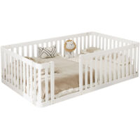 Lit cabane 90x200 cm avec barrières style clôture, design sécurisé pour chambre enfant, structure bois blanc