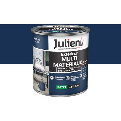 Julien Peinture Multi-Matériaux Satin en phase Aqueuse - Bois, Fer, Alu, PVC, Zinc, Acier galvanisé, brut ou peint - Bleu Cobalt 0,5 L