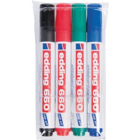 Edding – Étui de 4 marqueurs pour tableaux blancs – Encre pigmentée faible odeur – Capacité à rester ouvert sans sécher – Rangement de bureau