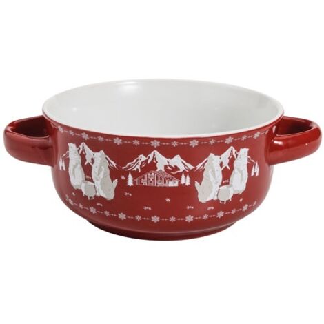 Bol à soupe rouge 13,5 cm – Faïence décorée marmottes – 60 cl – Compatible micro-ondes et lave-vaisselle