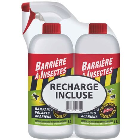 Insecticide biologique barrière à insectes 1l + 1l – Action choc contre mouches, moustiques, araignées – Pulvérisateur et recharge inclus - PAE 1 L