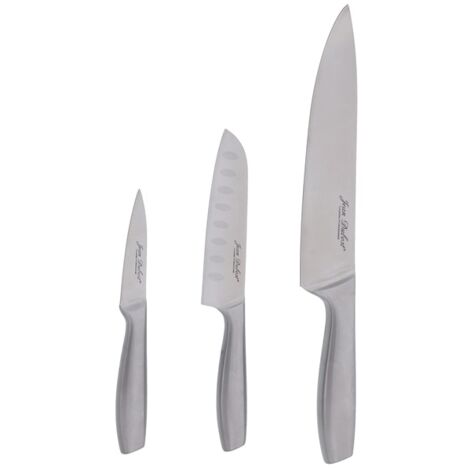 Coffret 3 couteaux inox satinés – Couteau d'office 9 cm, Santoku 13 cm, chef 20 cm – Compatible lave-vaisselle – Prise en main pour droitier et gaucher – Jean Dubost