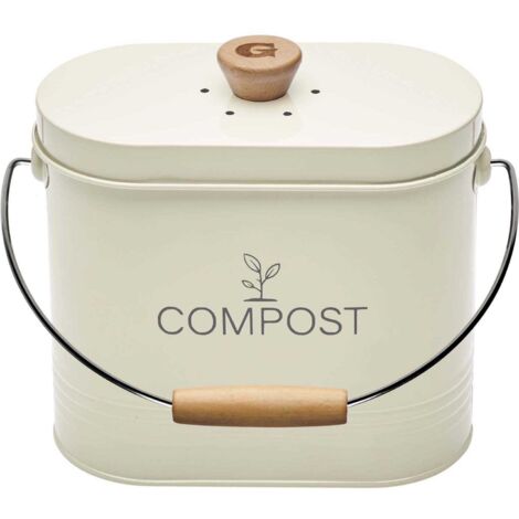 Seau à compost 3L ovale beige – Filtre à charbon intégré – Poignée ergonomique en bois – Dimensions 11 x 24 x 20 cm – Guillouard