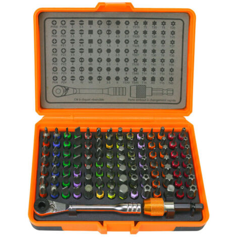 Fischer Darex – Coffret mini clé à cliquet 1/4'' avec 98 embouts en acier chrome vanadium – Mécanisme réversible pour serrage rapide