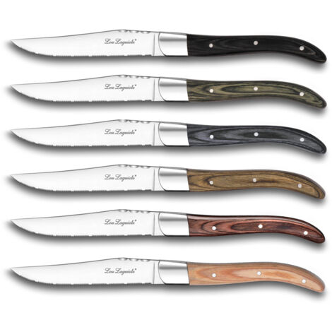 Coffret de 6 couteaux à steak – Acier inoxydable mini-denté – Manche en bois de Pakka – Décoration guillochée – Amefa