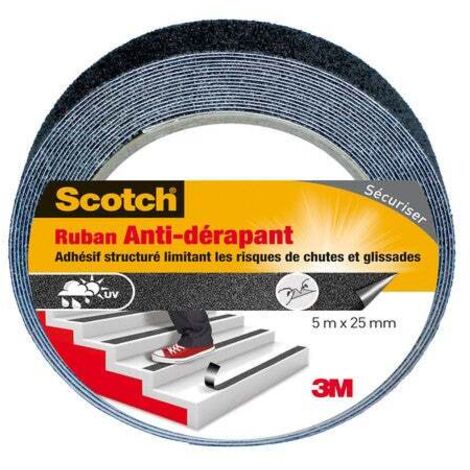 3M – Ruban adhésif antidérapant 5 m x 25 mm – Pour marches et escaliers – Imperméable et déchirable à la main – Plastique noir (1/5)