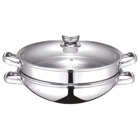 Wok 2 en 1 - BAUMALU - Tous feux dont induction - Couvercle en verre - 32 cm