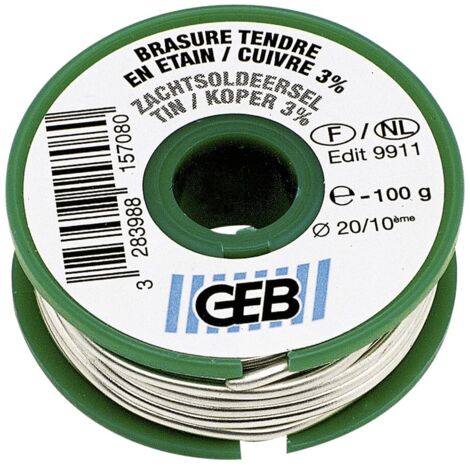 GEB – Bobine étain cuivre 3% 100g – Métal d'apport pour soudure et brasure à la flamme – Convient pour installations d'eau chaude et froide