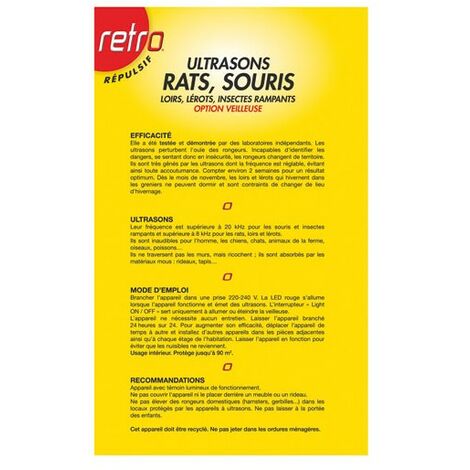 RÉPULSIF ULTRASONS & VEILLEUSE RATS, SOURIS, LOIRS, LÉROTS - PROTEGE 90m²